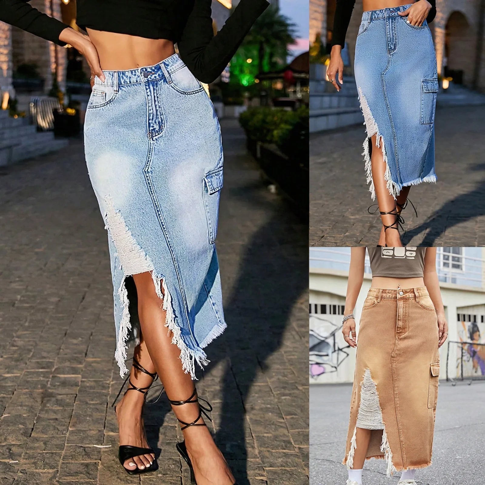 Women'S High - Waisted Denim Slim - Fit Skirt With Side Slits Tassels And Light Blue Raw Edges - American Thistle Women'S High - Waisted Denim Slim - Fit Skirt With Side Slits Tassels And Light Blue Raw Edges