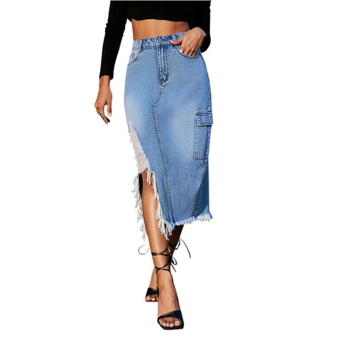 Women'S High - Waisted Denim Slim - Fit Skirt With Side Slits Tassels And Light Blue Raw Edges - American Thistle Women'S High - Waisted Denim Slim - Fit Skirt With Side Slits Tassels And Light Blue Raw Edges