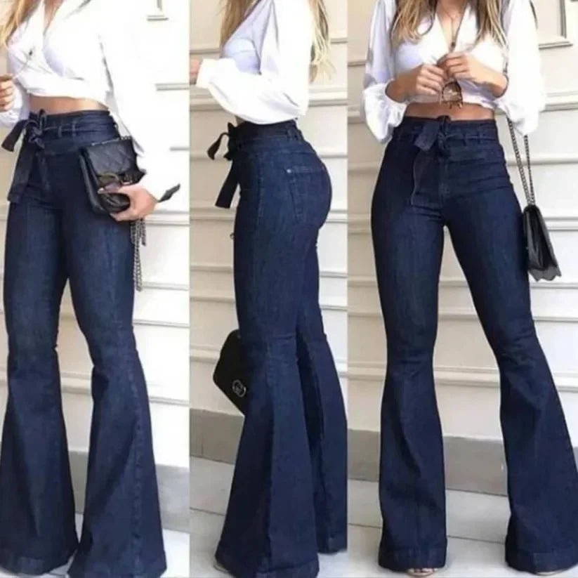 Women's Jeans Solid Color High Waist Flare Pants with Stretch Belt - American Thistle Women's Jeans Solid Color High Waist Flare Pants with Stretch Belt