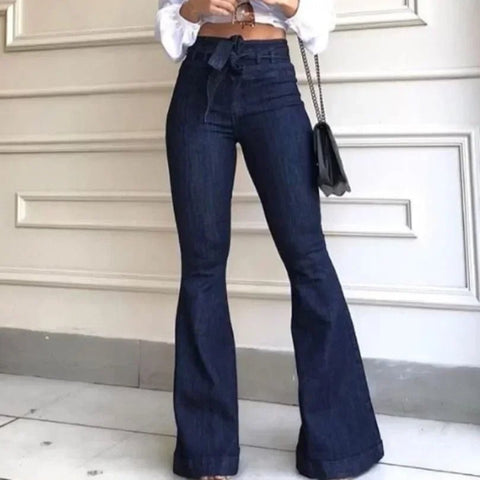 Women's Jeans Solid Color High Waist Flare Pants with Stretch Belt - American Thistle Women's Jeans Solid Color High Waist Flare Pants with Stretch Belt