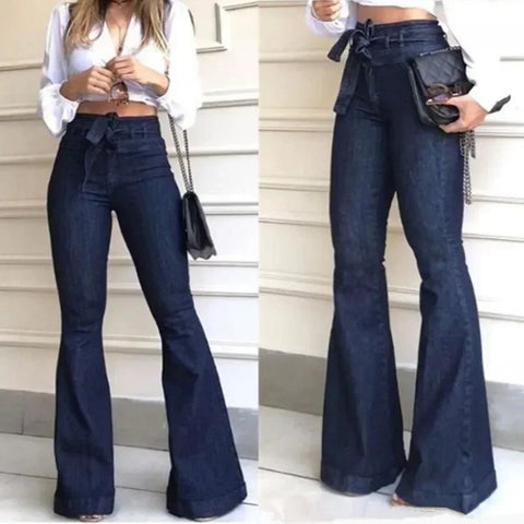 Women's Jeans Solid Color High Waist Flare Pants with Stretch Belt - American Thistle Women's Jeans Solid Color High Waist Flare Pants with Stretch Belt