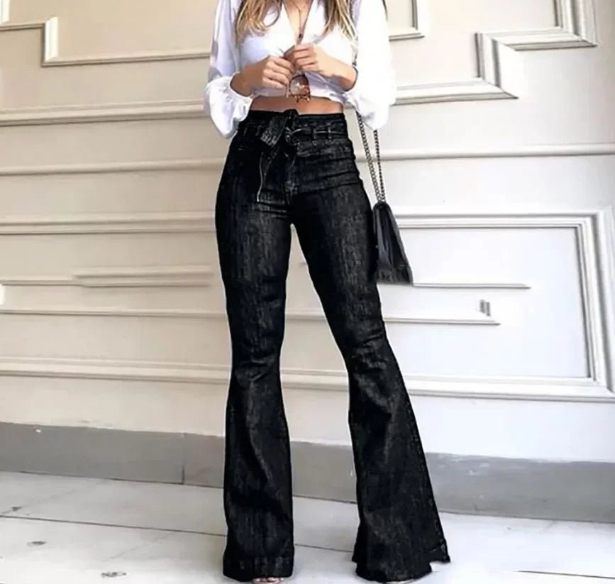 Women's Jeans Solid Color High Waist Flare Pants with Stretch Belt - American Thistle Women's Jeans Solid Color High Waist Flare Pants with Stretch Belt