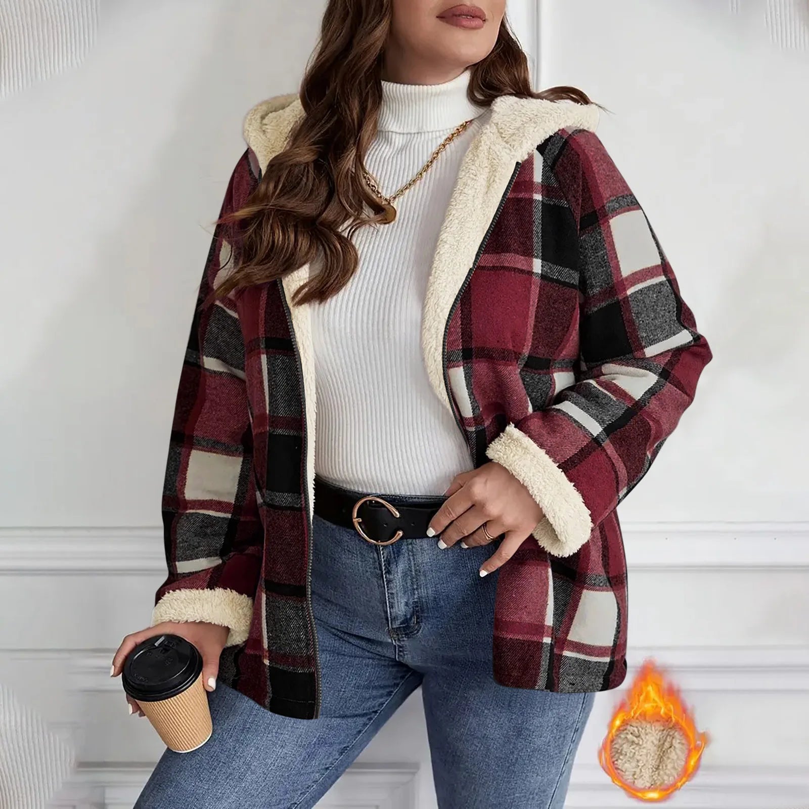 Women's Large Plaid Style Womens Jacket With Hooded Plaid Autumn And Winter Casual Loose Black White Plaid Coat Button Fall Top - American ThistleWomen's Large Plaid Style Womens Jacket With Hooded Plaid Autumn And Winter Casual Loose Black White Plaid Coat Button Fall Top