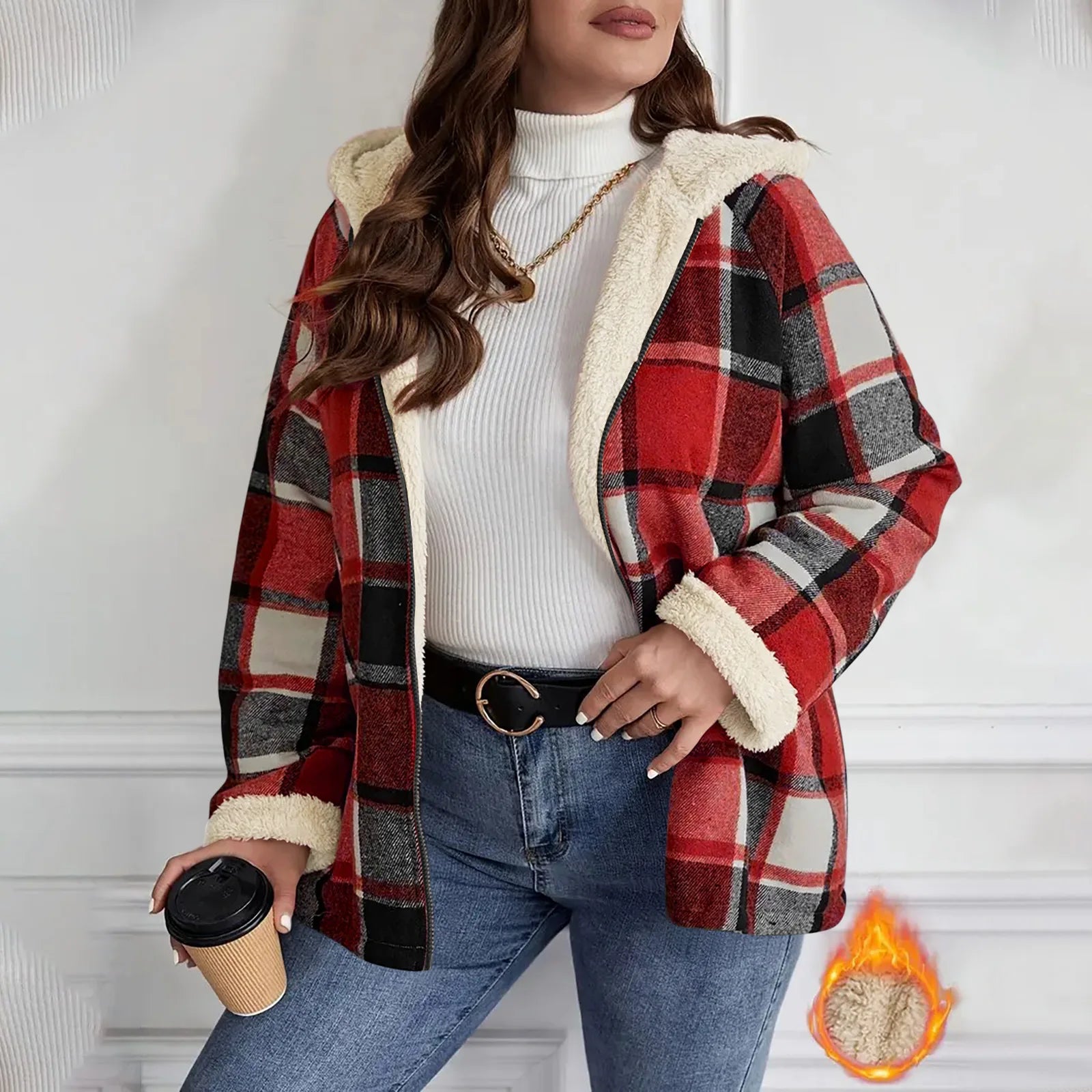 Women's Large Plaid Style Womens Jacket With Hooded Plaid Autumn And Winter Casual Loose Black White Plaid Coat Button Fall Top - American ThistleWomen's Large Plaid Style Womens Jacket With Hooded Plaid Autumn And Winter Casual Loose Black White Plaid Coat Button Fall Top