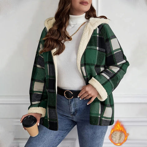 Women's Large Plaid Style Womens Jacket With Hooded Plaid Autumn And Winter Casual Loose Black White Plaid Coat Button Fall Top - American ThistleWomen's Large Plaid Style Womens Jacket With Hooded Plaid Autumn And Winter Casual Loose Black White Plaid Coat Button Fall Top