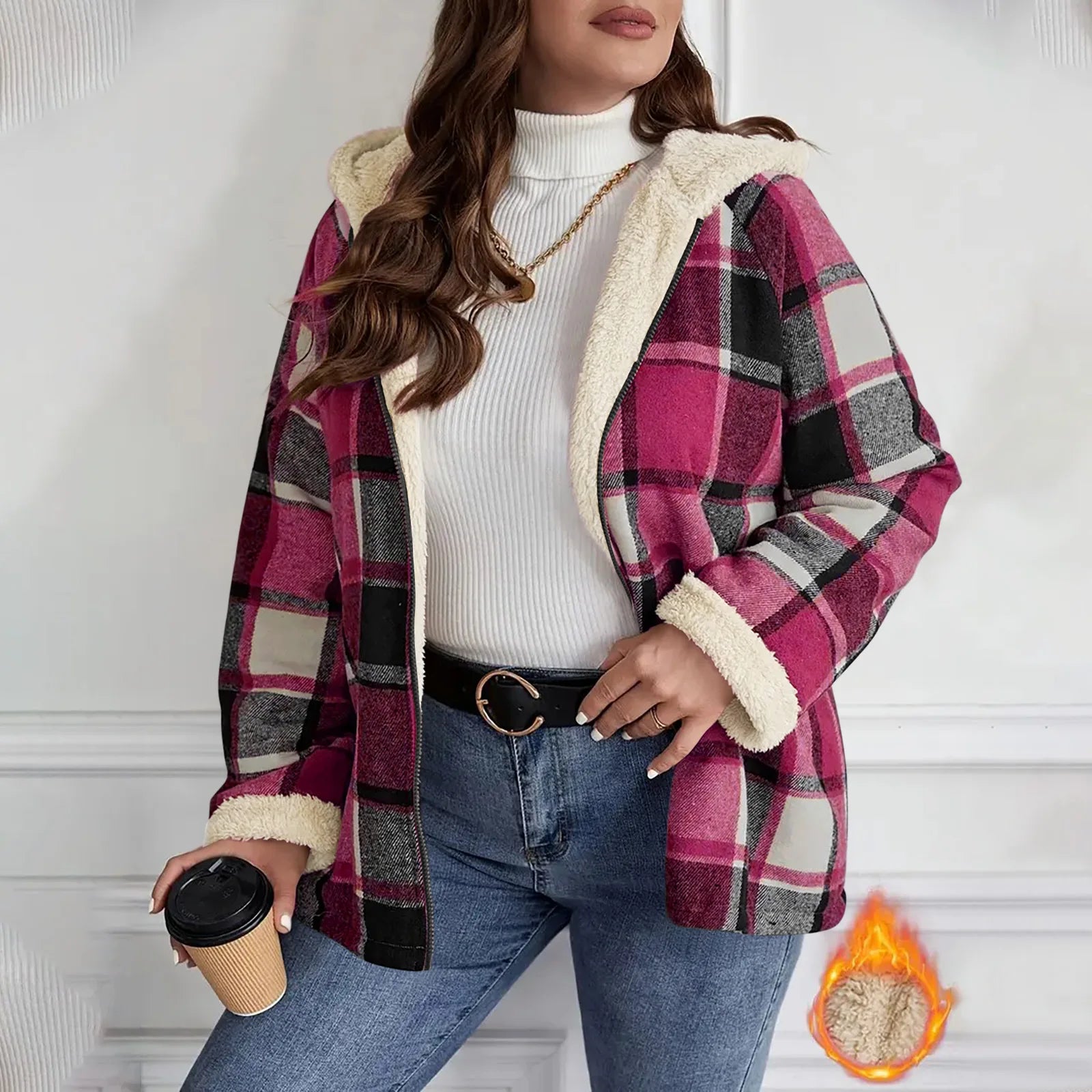 Women's Large Plaid Style Womens Jacket With Hooded Plaid Autumn And Winter Casual Loose Black White Plaid Coat Button Fall Top - American ThistleWomen's Large Plaid Style Womens Jacket With Hooded Plaid Autumn And Winter Casual Loose Black White Plaid Coat Button Fall Top