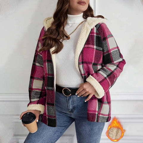 Women's Large Plaid Style Womens Jacket With Hooded Plaid Autumn And Winter Casual Loose Black White Plaid Coat Button Fall Top - American ThistleWomen's Large Plaid Style Womens Jacket With Hooded Plaid Autumn And Winter Casual Loose Black White Plaid Coat Button Fall Top