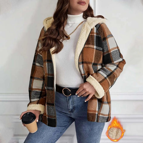 Women's Large Plaid Style Womens Jacket With Hooded Plaid Autumn And Winter Casual Loose Black White Plaid Coat Button Fall Top - American ThistleWomen's Large Plaid Style Womens Jacket With Hooded Plaid Autumn And Winter Casual Loose Black White Plaid Coat Button Fall Top