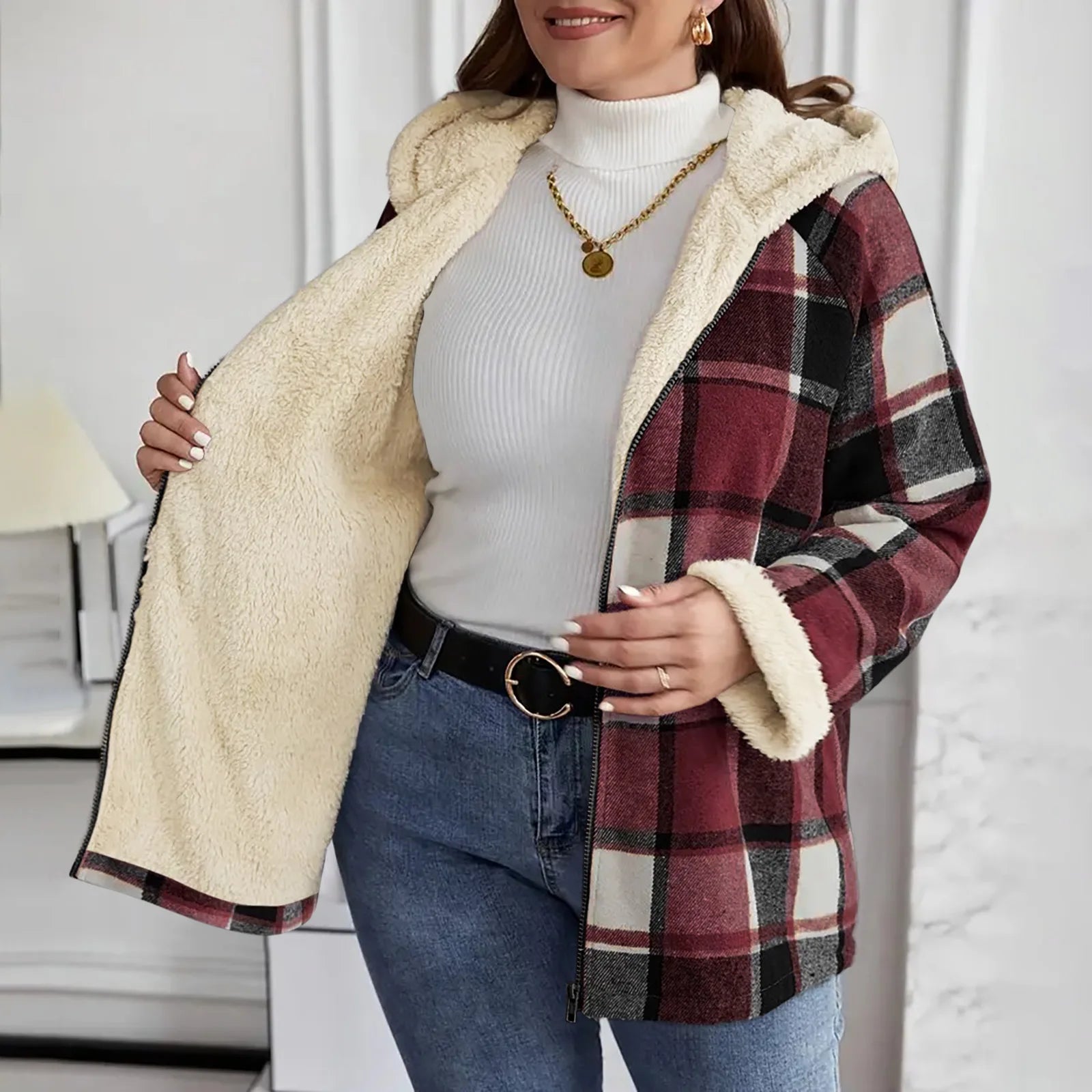 Women's Large Plaid Style Womens Jacket With Hooded Plaid Autumn And Winter Casual Loose Black White Plaid Coat Button Fall Top - American ThistleWomen's Large Plaid Style Womens Jacket With Hooded Plaid Autumn And Winter Casual Loose Black White Plaid Coat Button Fall Top