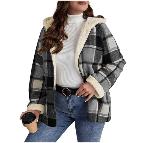 Women's Large Plaid Style Womens Jacket With Hooded Plaid Autumn And Winter Casual Loose Black White Plaid Coat Button Fall Top - American ThistleWomen's Large Plaid Style Womens Jacket With Hooded Plaid Autumn And Winter Casual Loose Black White Plaid Coat Button Fall Top