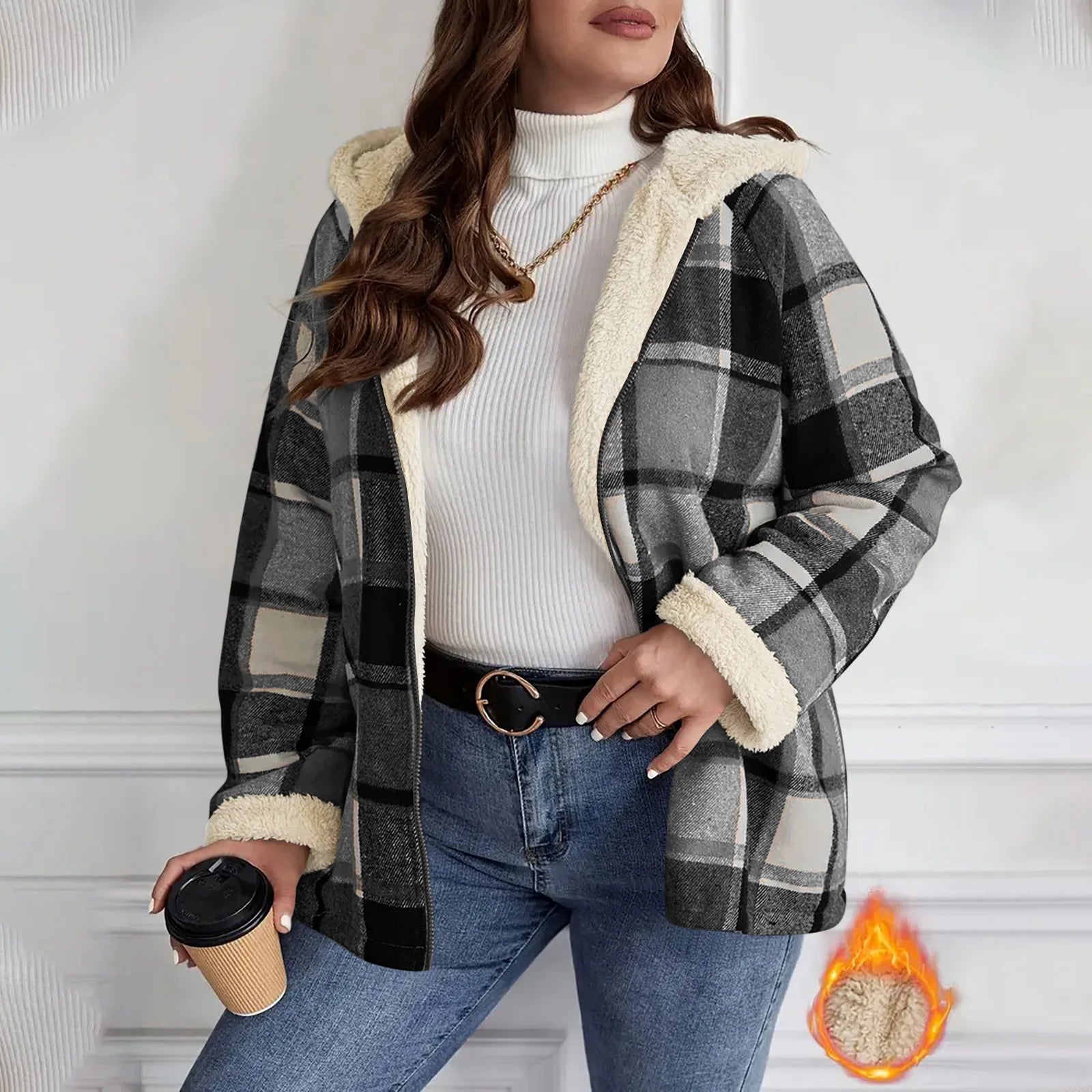 Women's Large Plaid Style Womens Jacket With Hooded Plaid Autumn And Winter Casual Loose Black White Plaid Coat Button Fall Top - American ThistleWomen's Large Plaid Style Womens Jacket With Hooded Plaid Autumn And Winter Casual Loose Black White Plaid Coat Button Fall Top