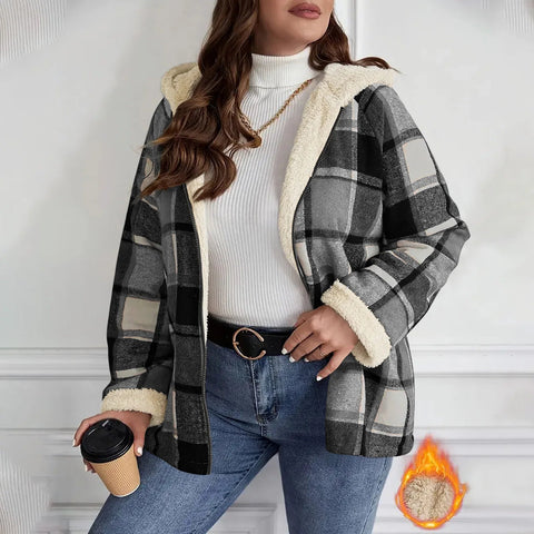 Women's Large Plaid Style Womens Jacket With Hooded Plaid Autumn And Winter Casual Loose Black White Plaid Coat Button Fall Top - American ThistleWomen's Large Plaid Style Womens Jacket With Hooded Plaid Autumn And Winter Casual Loose Black White Plaid Coat Button Fall Top
