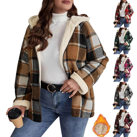 Women's Large Plaid Style Womens Jacket With Hooded Plaid Autumn And Winter Casual Loose Black White Plaid Coat Button Fall Top - American ThistleWomen's Large Plaid Style Womens Jacket With Hooded Plaid Autumn And Winter Casual Loose Black White Plaid Coat Button Fall Top