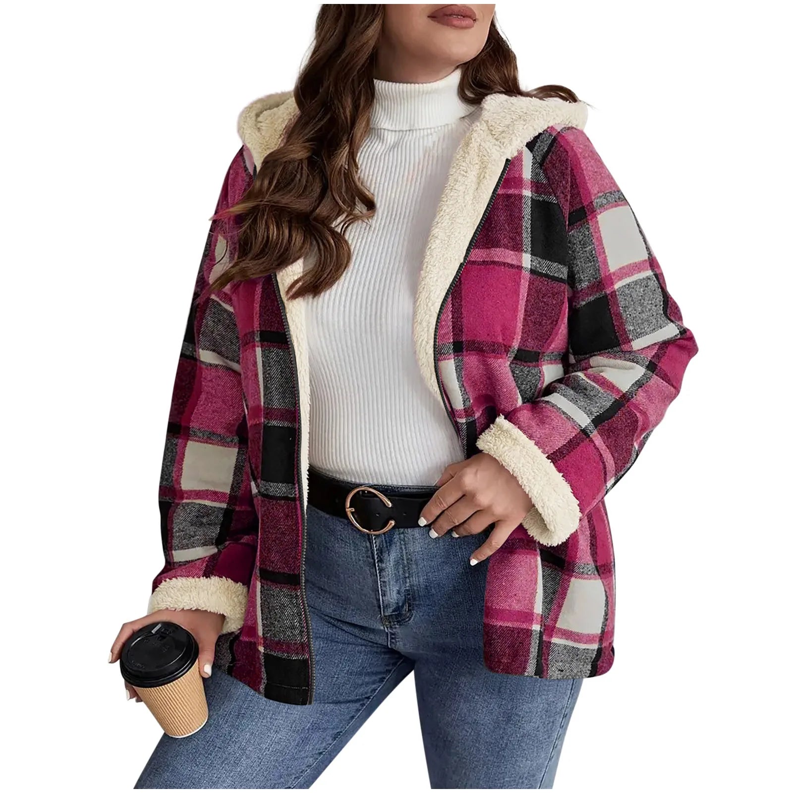 Women's Large Plaid Style Womens Jacket With Hooded Plaid Autumn And Winter Casual Loose Black White Plaid Coat Button Fall Top - American ThistleWomen's Large Plaid Style Womens Jacket With Hooded Plaid Autumn And Winter Casual Loose Black White Plaid Coat Button Fall Top