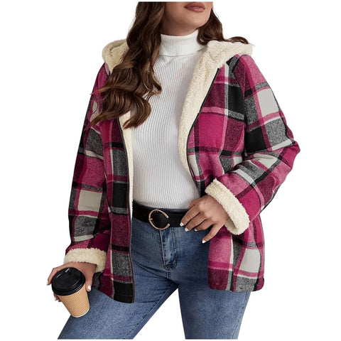 Women's Large Plaid Style Womens Jacket With Hooded Plaid Autumn And Winter Casual Loose Black White Plaid Coat Button Fall Top - American ThistleWomen's Large Plaid Style Womens Jacket With Hooded Plaid Autumn And Winter Casual Loose Black White Plaid Coat Button Fall Top