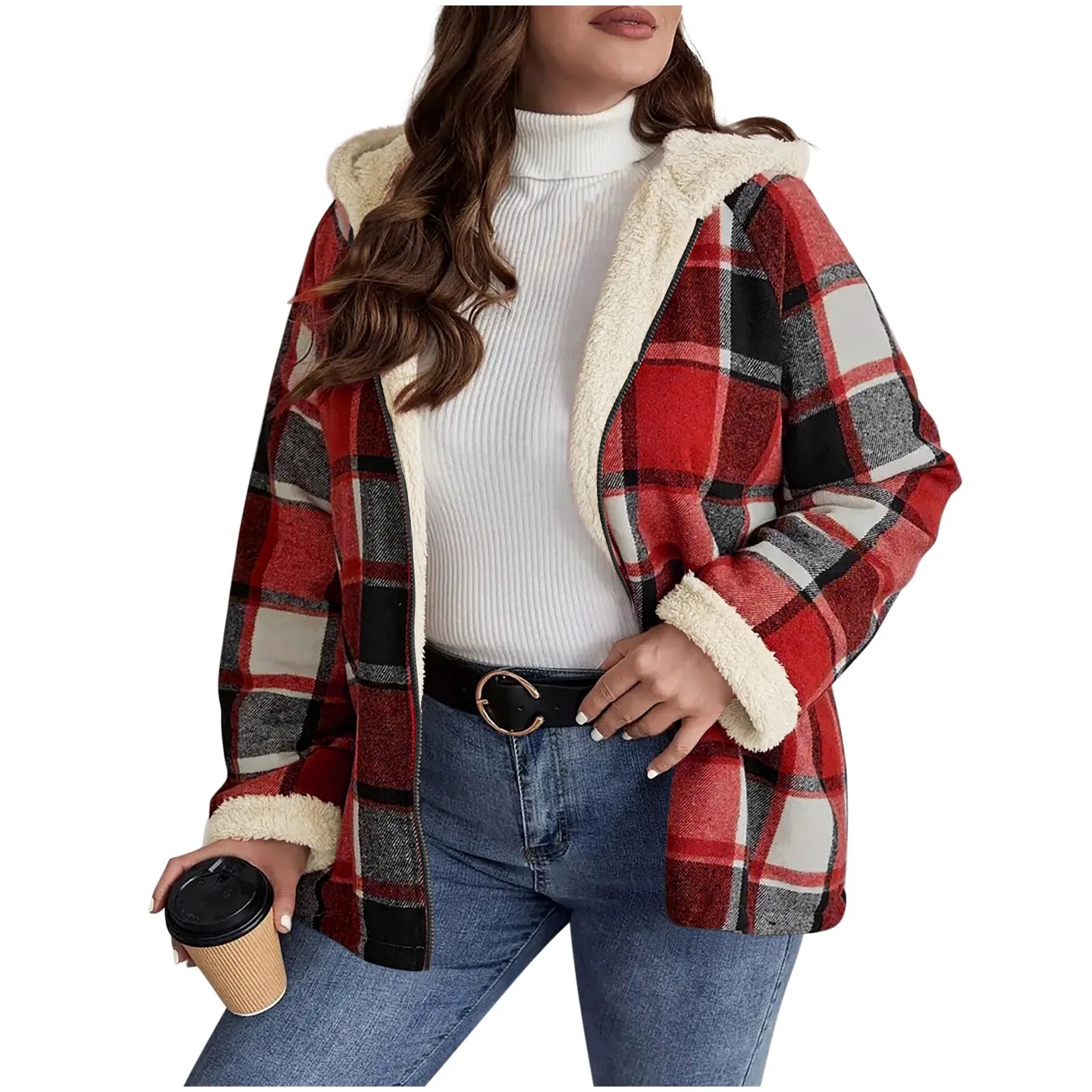 Women's Large Plaid Style Womens Jacket With Hooded Plaid Autumn And Winter Casual Loose Black White Plaid Coat Button Fall Top - American ThistleWomen's Large Plaid Style Womens Jacket With Hooded Plaid Autumn And Winter Casual Loose Black White Plaid Coat Button Fall Top