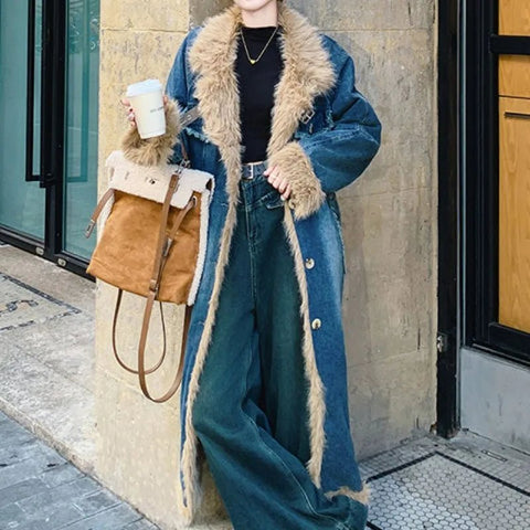 Women's Long Lamb's Wool Overcoat Patchwork Cowboys Cotton Coat Jacket Winter Coat Women - American Thistle Women's Long Lamb's Wool Overcoat Patchwork Cowboys Cotton Coat Jacket Winter Coat Women