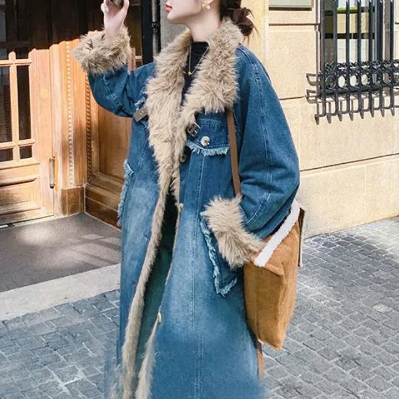 Women's Long Lamb's Wool Overcoat Patchwork Cowboys Cotton Coat Jacket Winter Coat Women - American Thistle Women's Long Lamb's Wool Overcoat Patchwork Cowboys Cotton Coat Jacket Winter Coat Women