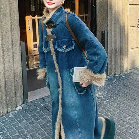 Women's Long Lamb's Wool Overcoat Patchwork Cowboys Cotton Coat Jacket Winter Coat Women - American Thistle Women's Long Lamb's Wool Overcoat Patchwork Cowboys Cotton Coat Jacket Winter Coat Women