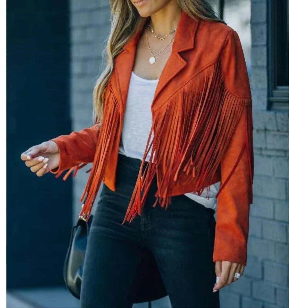 Women's Long Sleeve Fringe Faux Suede Tassel Jacket - American Thistle Women's Long Sleeve Fringe Faux Suede Tassel Jacket