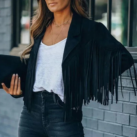 Women's Long Sleeve Fringe Faux Suede Tassel Jacket - American Thistle Women's Long Sleeve Fringe Faux Suede Tassel Jacket