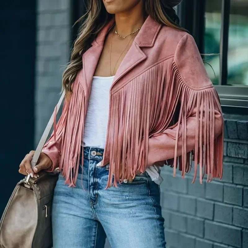 Women's Long Sleeve Fringe Faux Suede Tassel Jacket - American Thistle Women's Long Sleeve Fringe Faux Suede Tassel Jacket