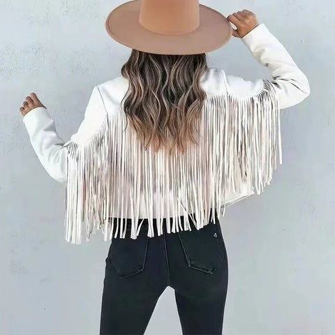 Women's Long Sleeve Fringe Faux Suede Tassel Jacket - American Thistle Women's Long Sleeve Fringe Faux Suede Tassel Jacket