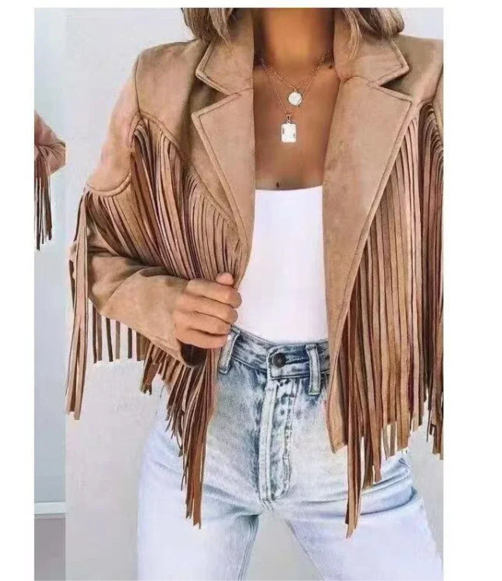 Women's Long Sleeve Fringe Faux Suede Tassel Jacket - American Thistle Women's Long Sleeve Fringe Faux Suede Tassel Jacket