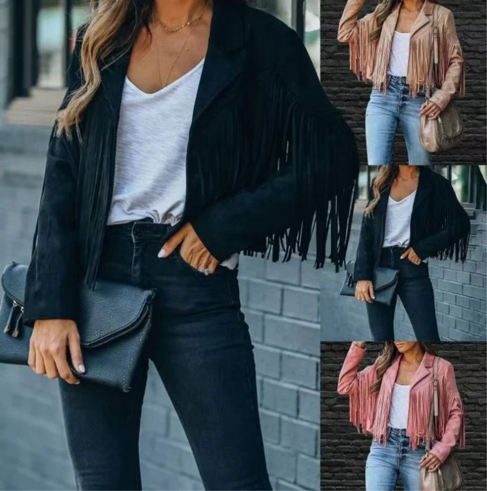 Women's Long Sleeve Fringe Faux Suede Tassel Jacket - American Thistle Women's Long Sleeve Fringe Faux Suede Tassel Jacket
