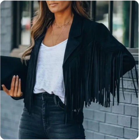 Women's Long Sleeve Fringe Faux Suede Tassel Jacket - American Thistle Women's Long Sleeve Fringe Faux Suede Tassel Jacket