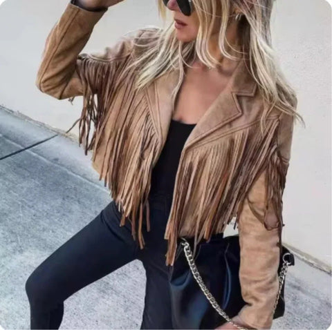 Women's Long Sleeve Fringe Faux Suede Tassel Jacket - American Thistle Women's Long Sleeve Fringe Faux Suede Tassel Jacket