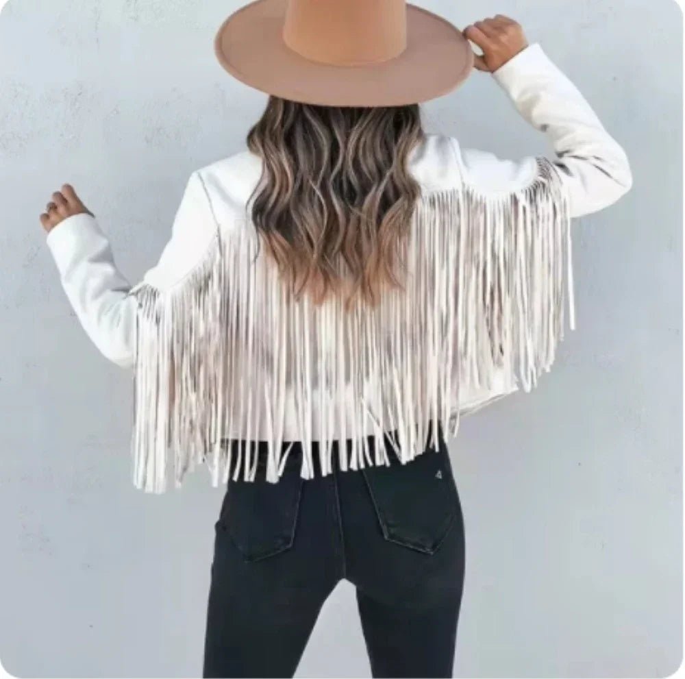 Women's Long Sleeve Fringe Faux Suede Tassel Jacket - American Thistle Women's Long Sleeve Fringe Faux Suede Tassel Jacket