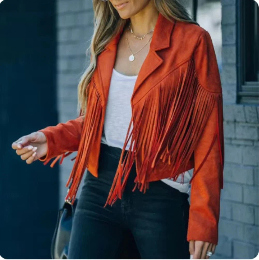 Women's Long Sleeve Fringe Faux Suede Tassel Jacket - American Thistle Women's Long Sleeve Fringe Faux Suede Tassel Jacket