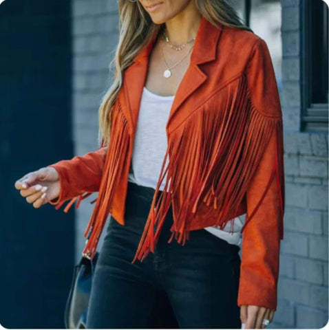 Women's Long Sleeve Fringe Faux Suede Tassel Jacket - American Thistle Women's Long Sleeve Fringe Faux Suede Tassel Jacket