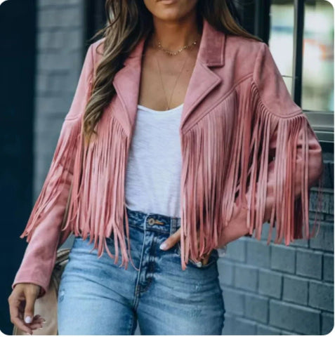 Women's Long Sleeve Fringe Faux Suede Tassel Jacket - American Thistle Women's Long Sleeve Fringe Faux Suede Tassel Jacket