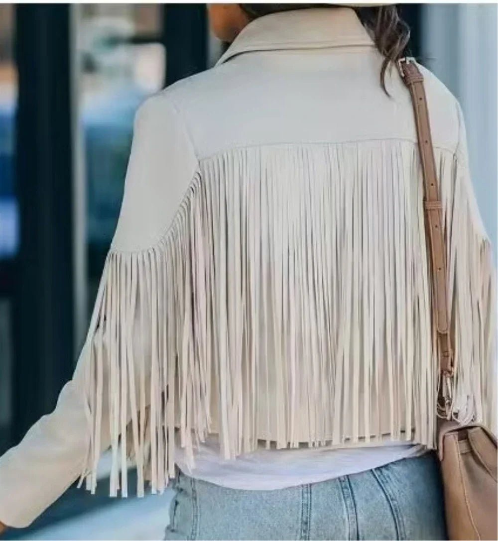 Women's Long Sleeve Fringe Faux Suede Tassel Jacket - American Thistle Women's Long Sleeve Fringe Faux Suede Tassel Jacket
