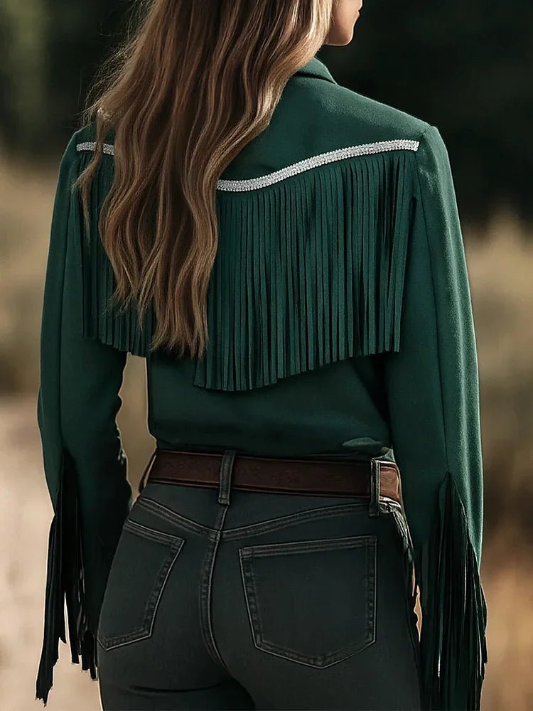 Women's Long Sleeve Western Retro Single - breasted Green Shirt Collar Tassel Outwear - American ThistleWomen's Long Sleeve Western Retro Single - breasted Green Shirt Collar Tassel Outwear