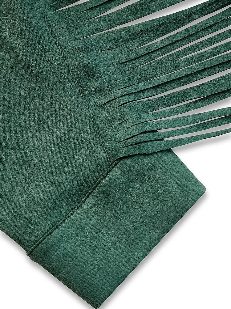 Women's Long Sleeve Western Retro Single - breasted Green Shirt Collar Tassel Outwear - American ThistleWomen's Long Sleeve Western Retro Single - breasted Green Shirt Collar Tassel Outwear