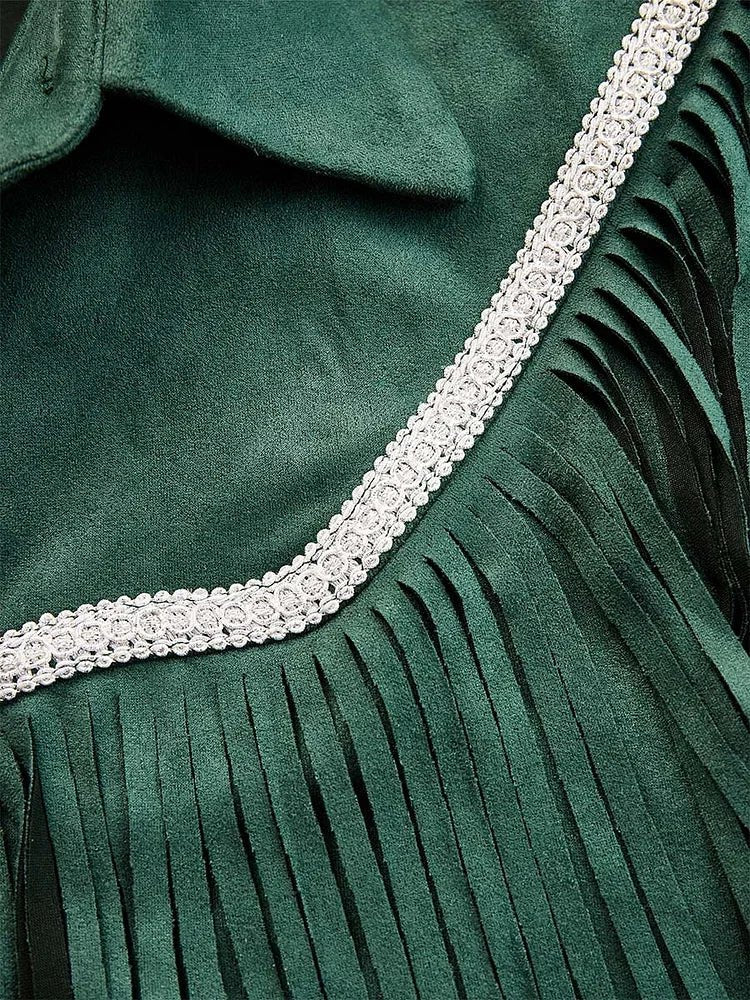 Women's Long Sleeve Western Retro Single - breasted Green Shirt Collar Tassel Outwear - American ThistleWomen's Long Sleeve Western Retro Single - breasted Green Shirt Collar Tassel Outwear