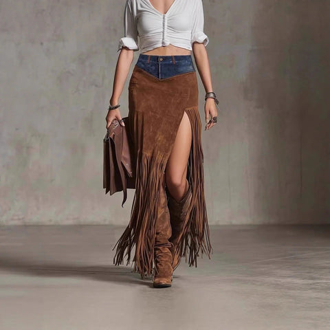 Women's Long Suede Skirt High Waist for Women Tassel with Denim - American Thistle Women's Long Suede Skirt High Waist for Women Tassel with Denim