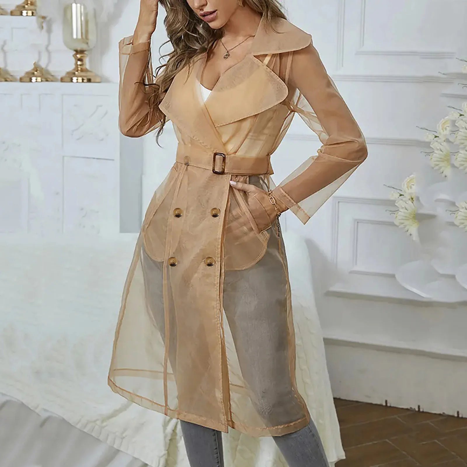 Women's Mesh Transparent Overcoat Long Sleeve Buttoned Coat With Belt - American Thistle Women's Mesh Transparent Overcoat Long Sleeve Buttoned Coat With Belt
