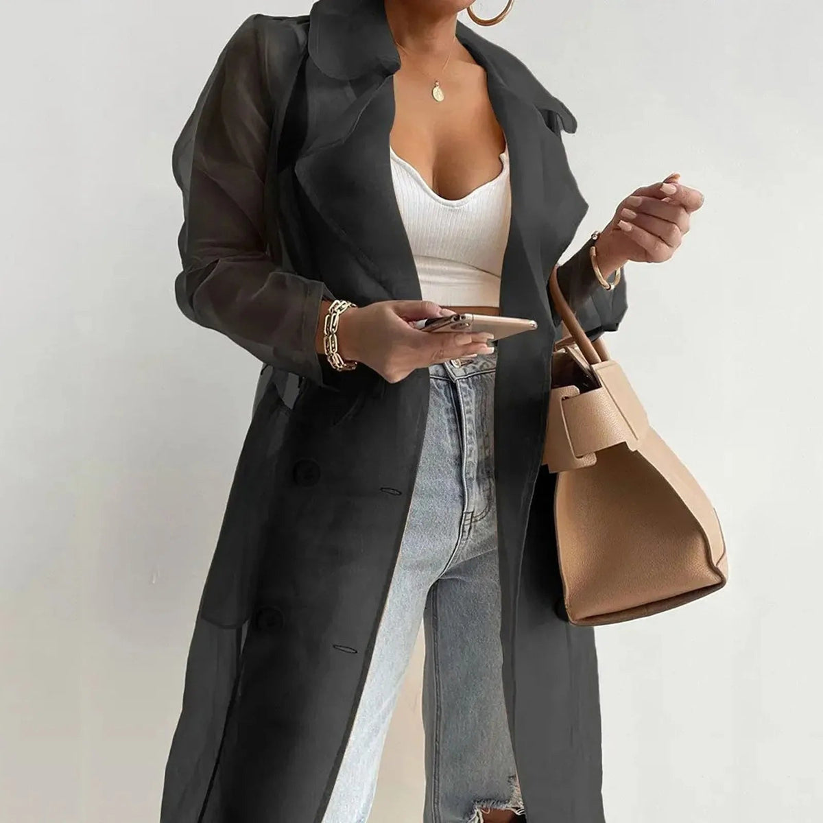 Women's Mesh Transparent Overcoat Long Sleeve Buttoned Coat With Belt - American Thistle Women's Mesh Transparent Overcoat Long Sleeve Buttoned Coat With Belt