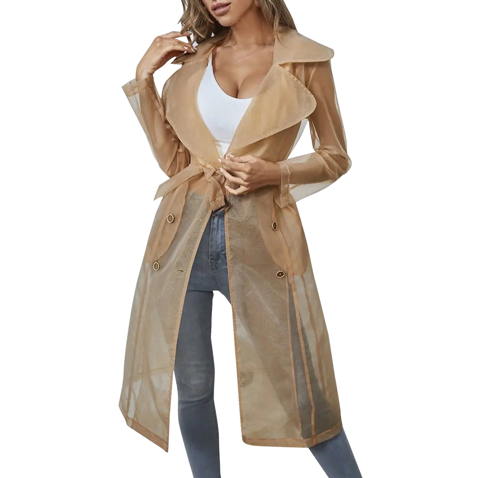 Women's Mesh Transparent Overcoat Long Sleeve Buttoned Coat With Belt - American Thistle Women's Mesh Transparent Overcoat Long Sleeve Buttoned Coat With Belt