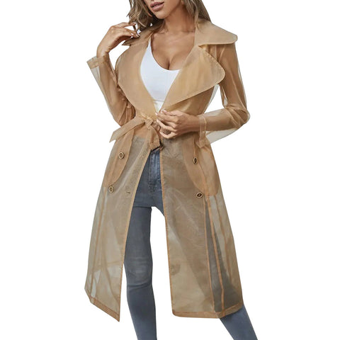 Women's Mesh Transparent Overcoat Long Sleeve Buttoned Coat With Belt - American Thistle Women's Mesh Transparent Overcoat Long Sleeve Buttoned Coat With Belt