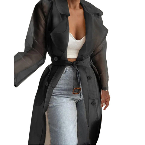 Women's Mesh Transparent Overcoat Long Sleeve Buttoned Coat With Belt - American Thistle Women's Mesh Transparent Overcoat Long Sleeve Buttoned Coat With Belt