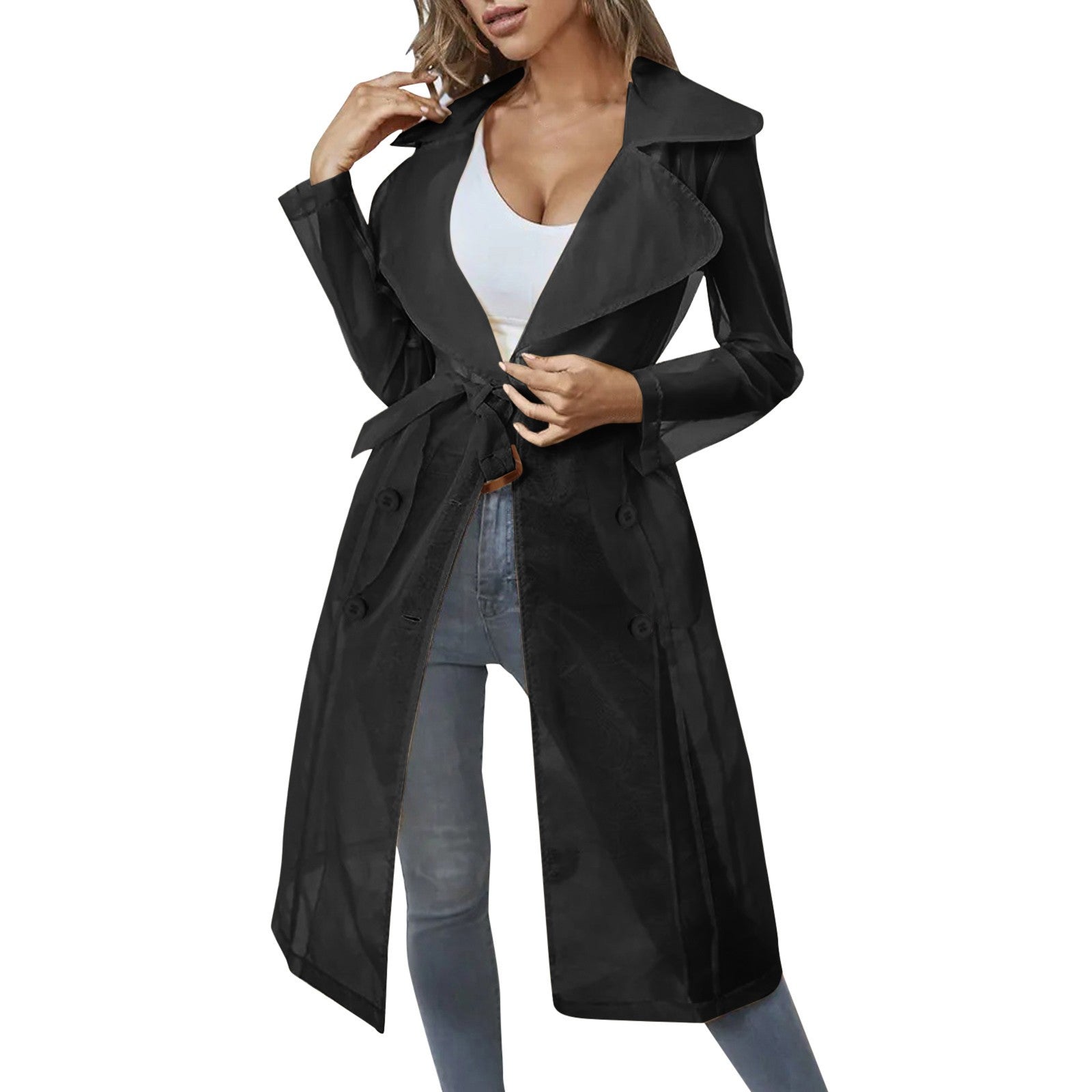 Women's Mesh Transparent Overcoat Long Sleeve Buttoned Coat With Belt - American Thistle Women's Mesh Transparent Overcoat Long Sleeve Buttoned Coat With Belt