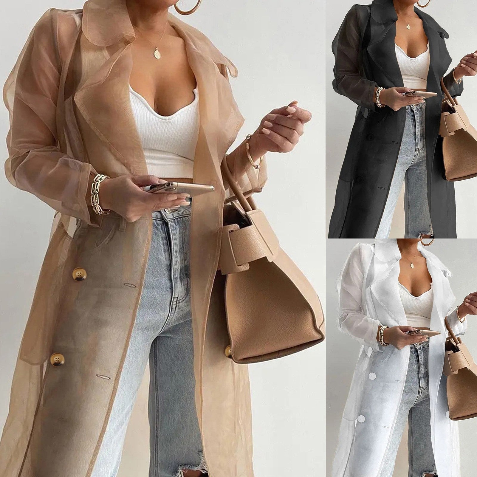Women's Mesh Transparent Overcoat Long Sleeve Buttoned Coat With Belt - American Thistle Women's Mesh Transparent Overcoat Long Sleeve Buttoned Coat With Belt