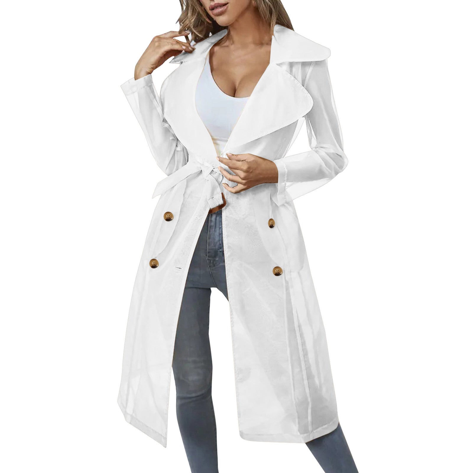 Women's Mesh Transparent Overcoat Long Sleeve Buttoned Coat With Belt - American Thistle Women's Mesh Transparent Overcoat Long Sleeve Buttoned Coat With Belt