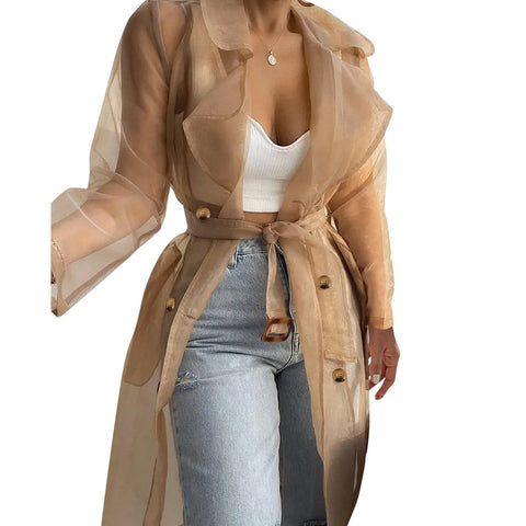 Women's Mesh Transparent Overcoat Long Sleeve Buttoned Coat With Belt - American Thistle Women's Mesh Transparent Overcoat Long Sleeve Buttoned Coat With Belt