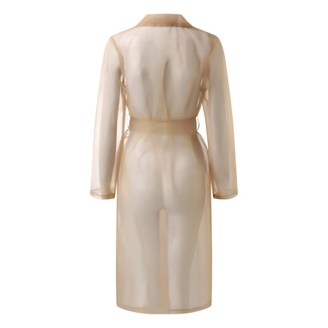 Women's Mesh Transparent Overcoat Long Sleeve Buttoned Coat With Belt - American Thistle Women's Mesh Transparent Overcoat Long Sleeve Buttoned Coat With Belt